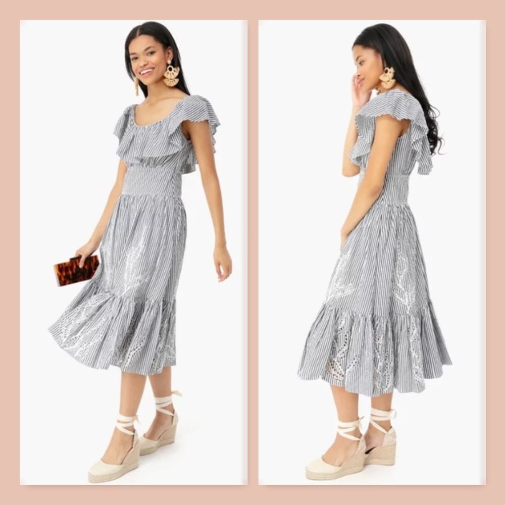 NWT Tory Burch Runway Striped Eyelet Embroidered Cotton Midi Dress Sz 4 - Picture 4 of 16